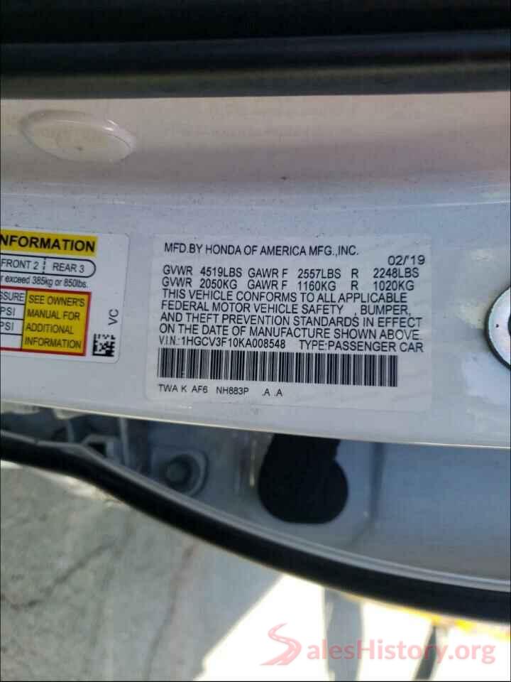 1HGCV3F10KA008548 2019 HONDA ACCORD