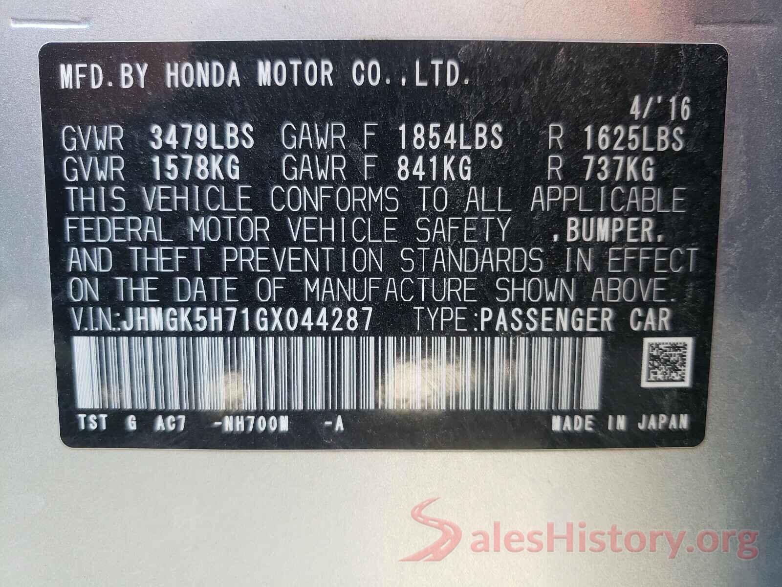 JHMGK5H71GX044287 2016 HONDA FIT