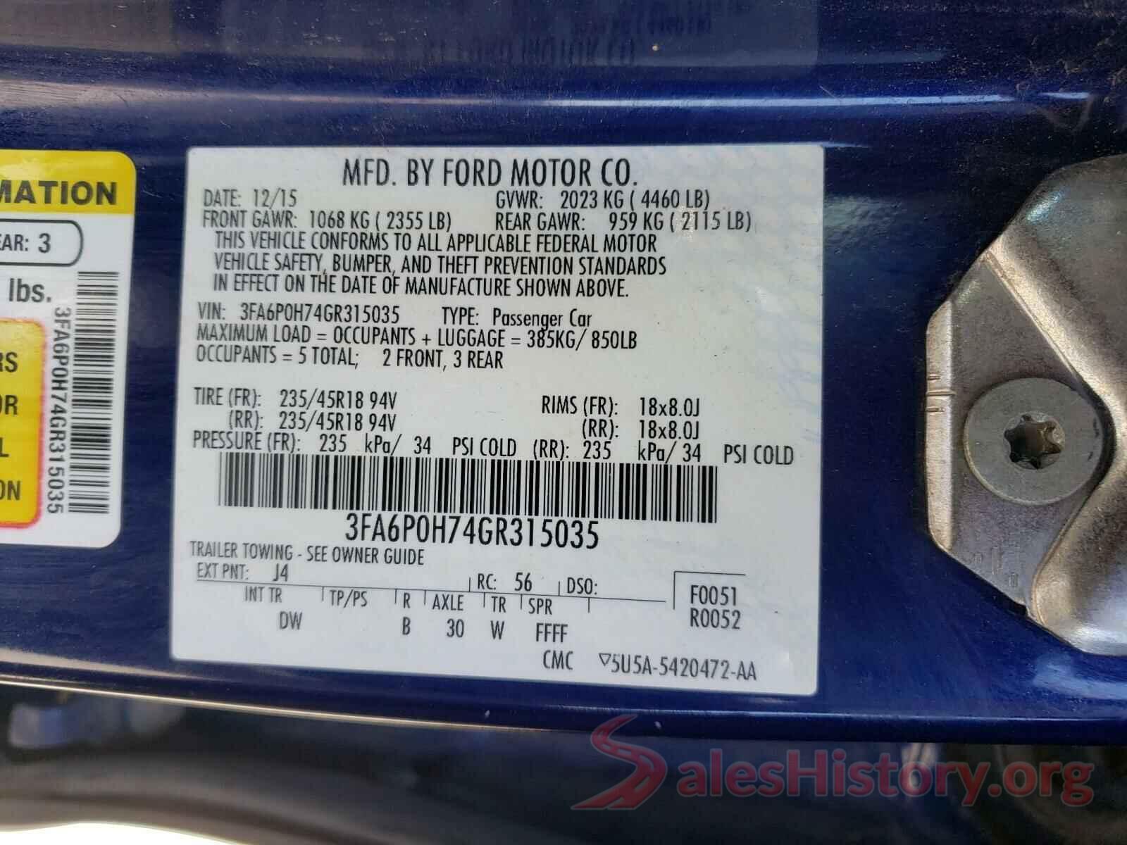 3FA6P0H74GR315035 2016 FORD FUSION