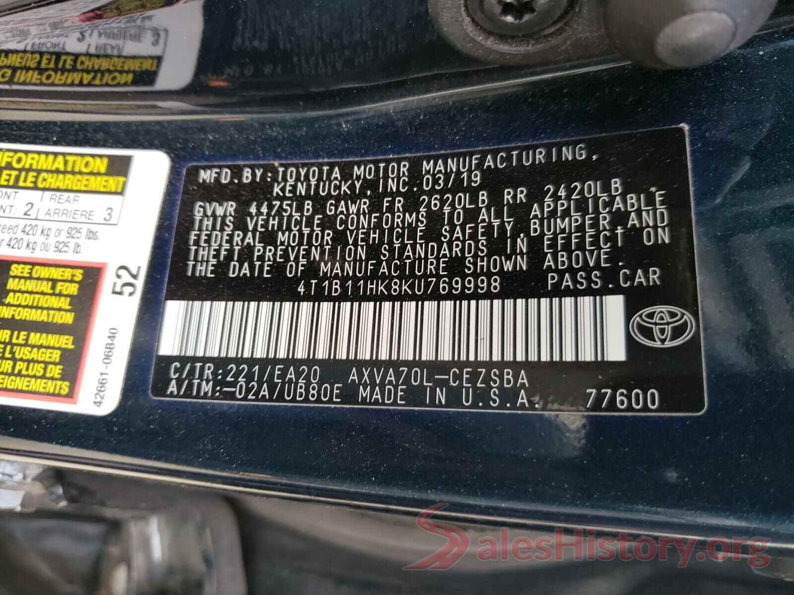 4T1B11HK8KU769998 2019 TOYOTA CAMRY