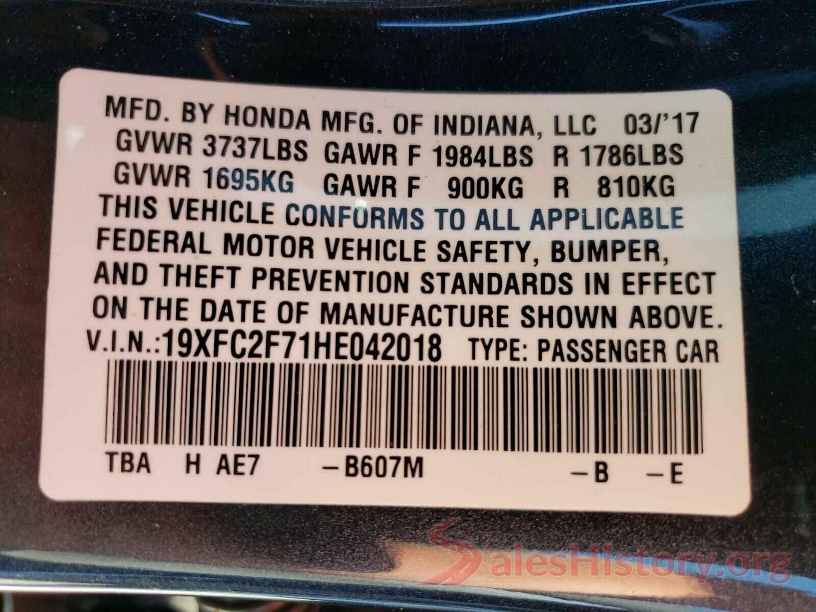 19XFC2F71HE042018 2017 HONDA CIVIC