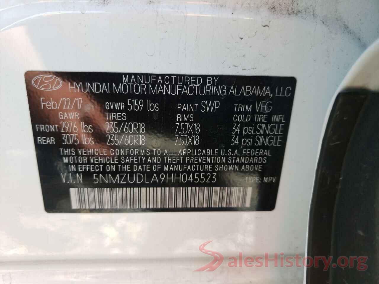 5NMZUDLA9HH045523 2017 HYUNDAI SANTA FE