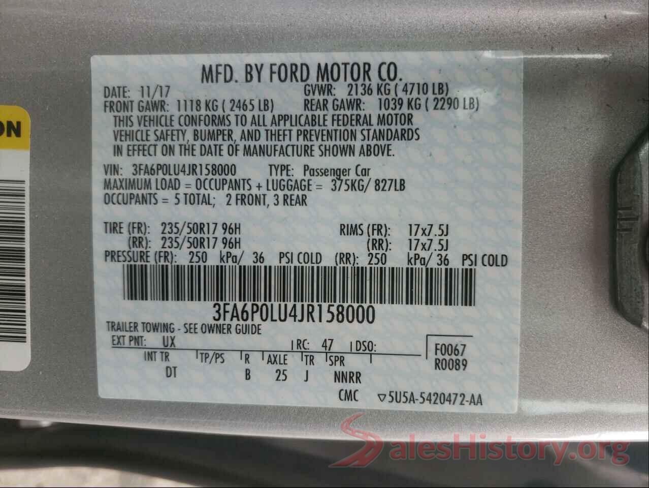 3FA6P0LU4JR158000 2018 FORD FUSION