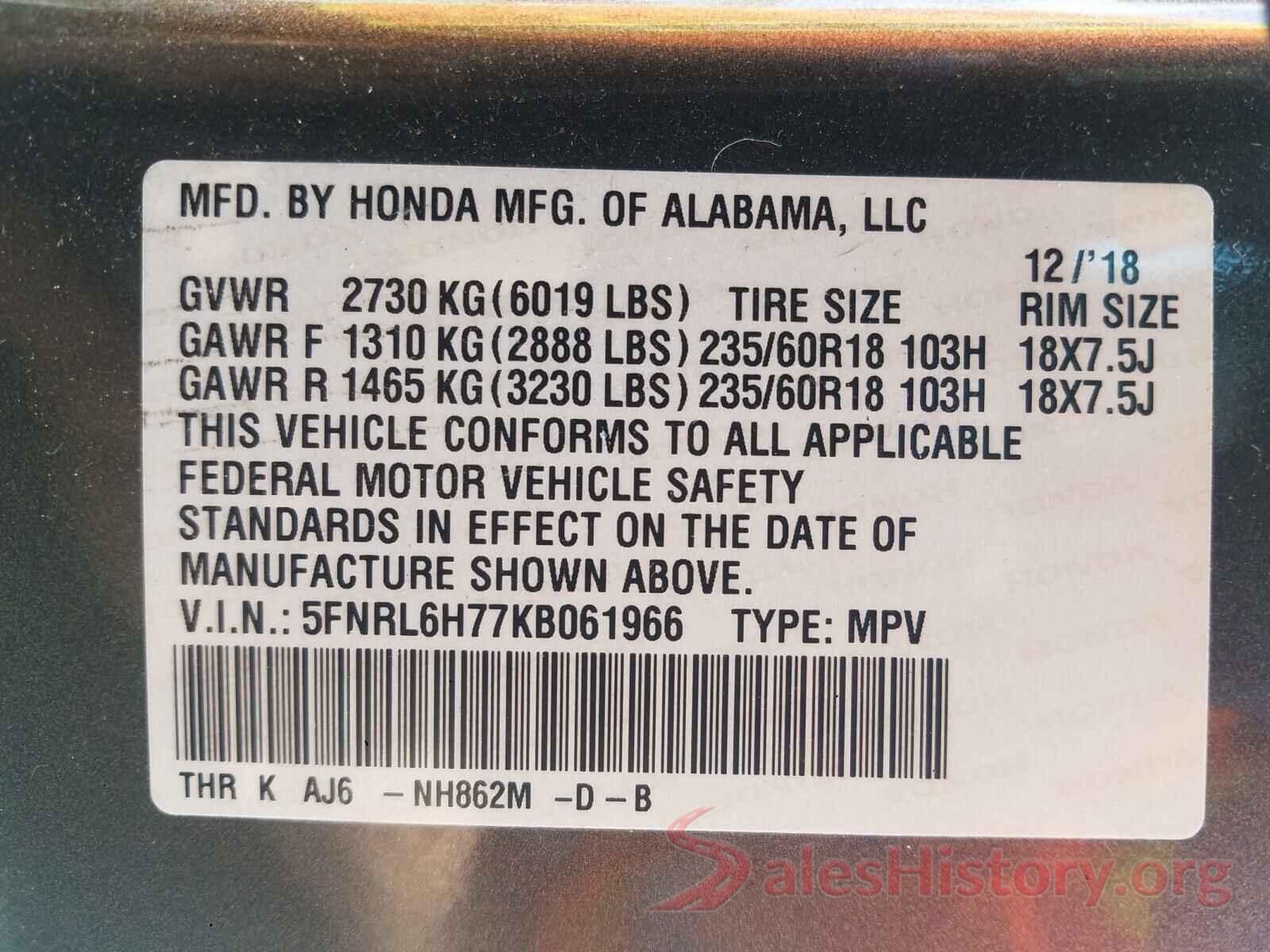 5FNRL6H77KB061966 2019 HONDA ODYSSEY