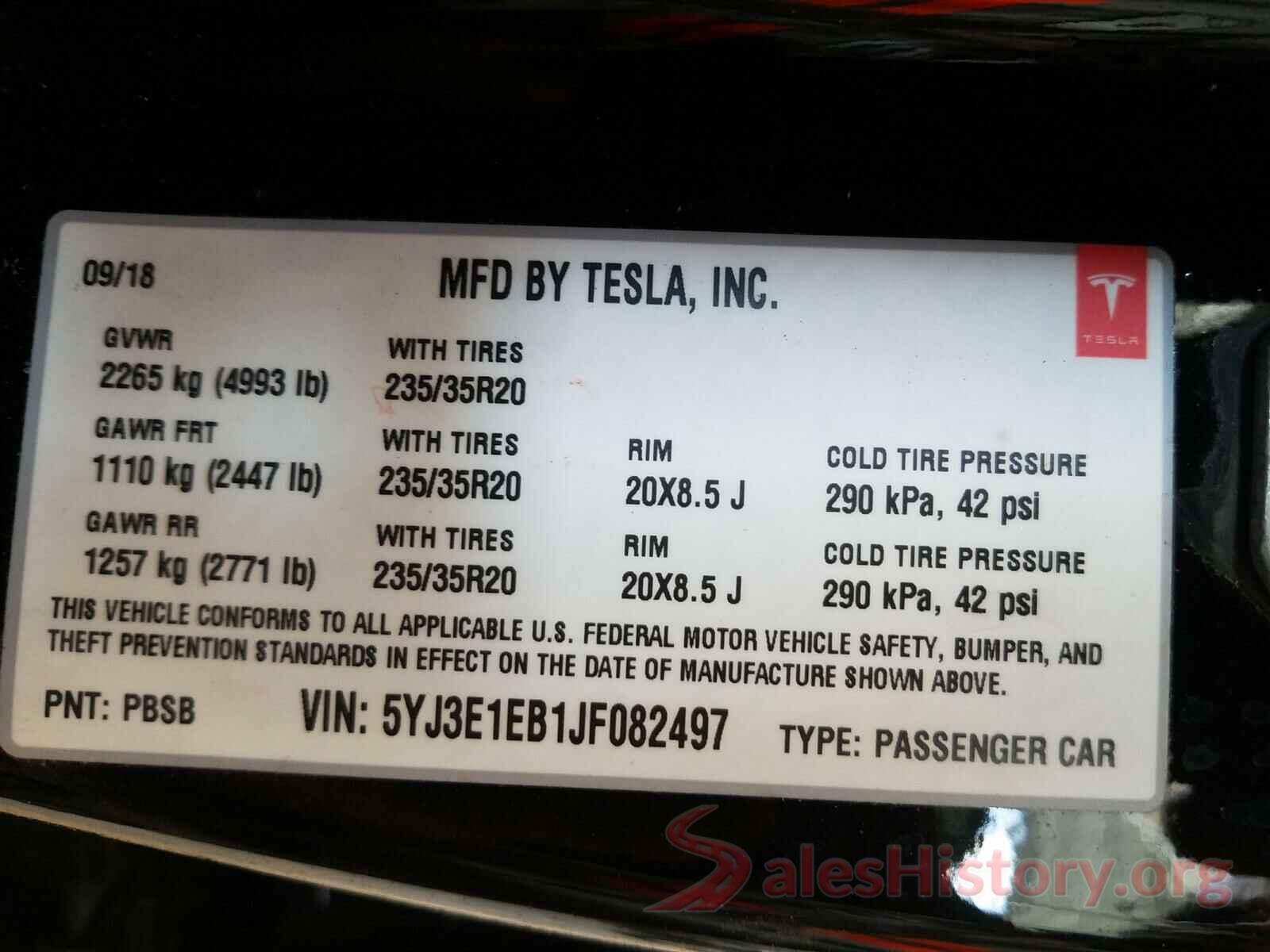 5YJ3E1EB1JF082497 2018 TESLA MODEL 3