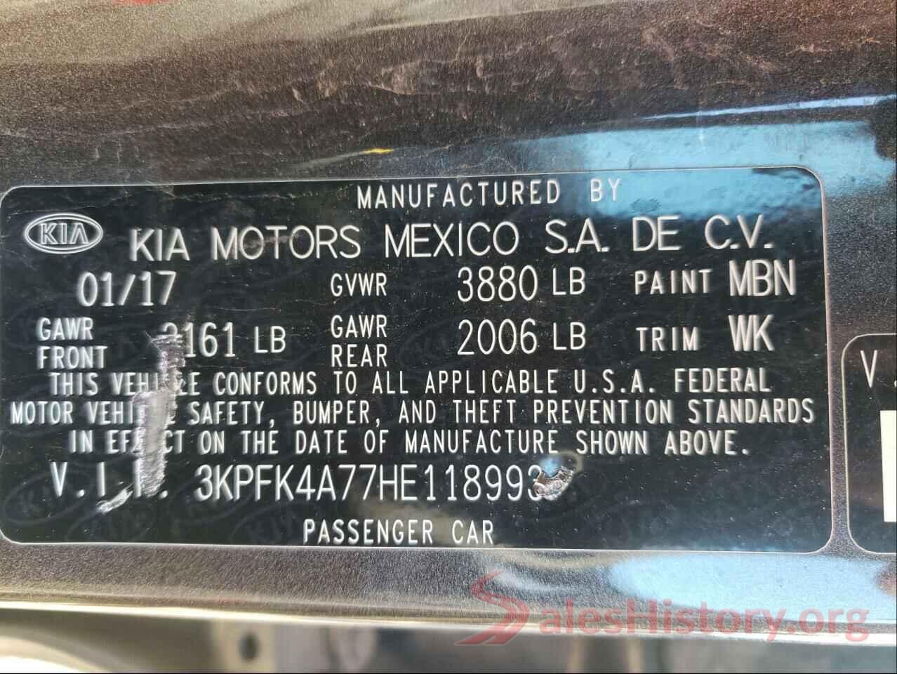 3KPFK4A77HE118993 2017 KIA FORTE