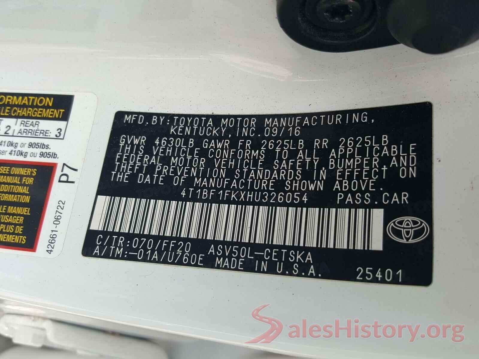 4T1BF1FKXHU326054 2017 TOYOTA CAMRY