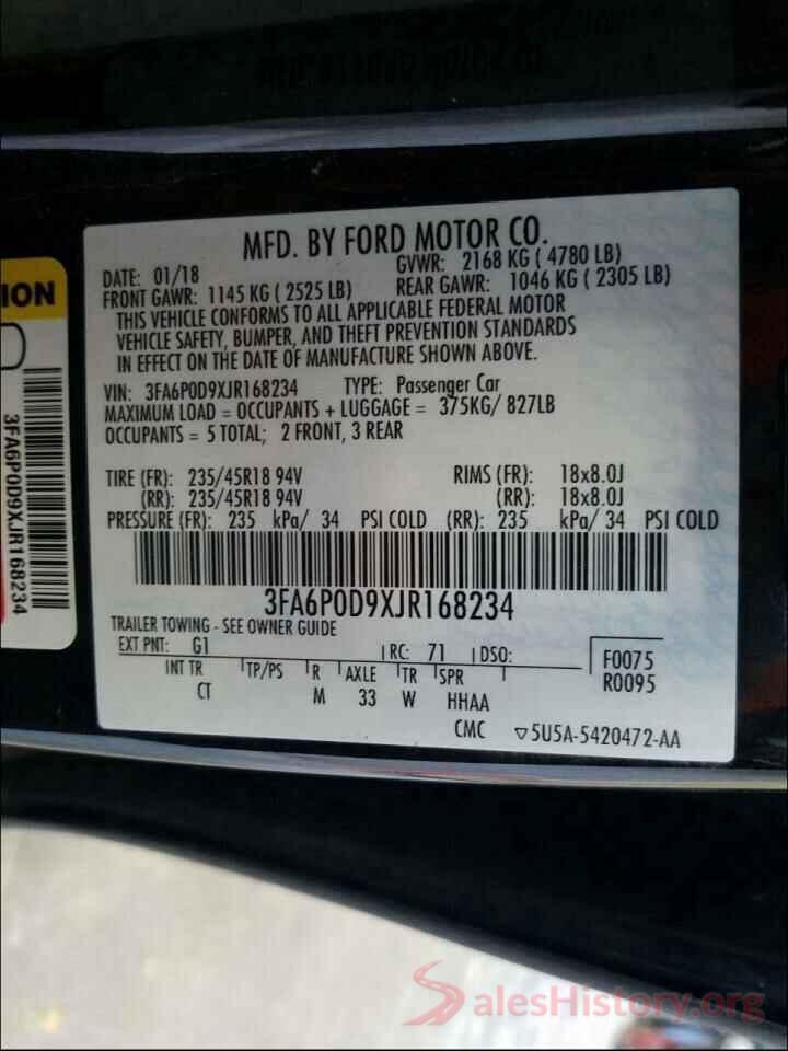 3FA6P0D9XJR168234 2018 FORD FUSION