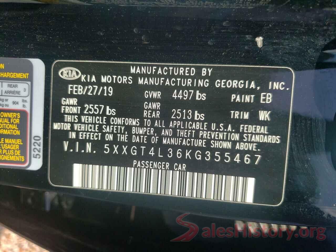 5XXGT4L36KG355467 2019 KIA OPTIMA