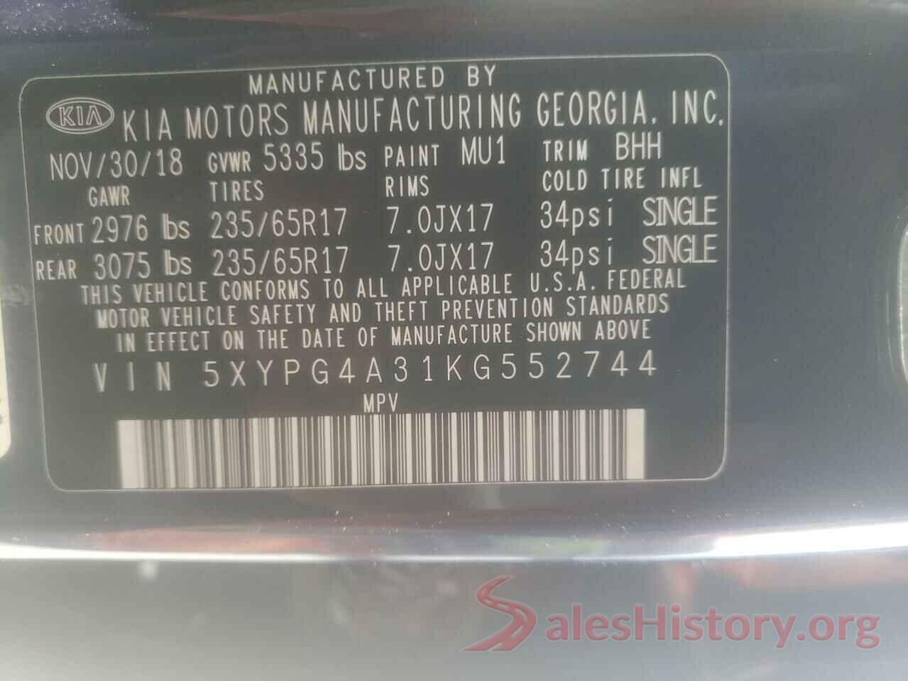 5XYPG4A31KG552744 2019 KIA SORENTO