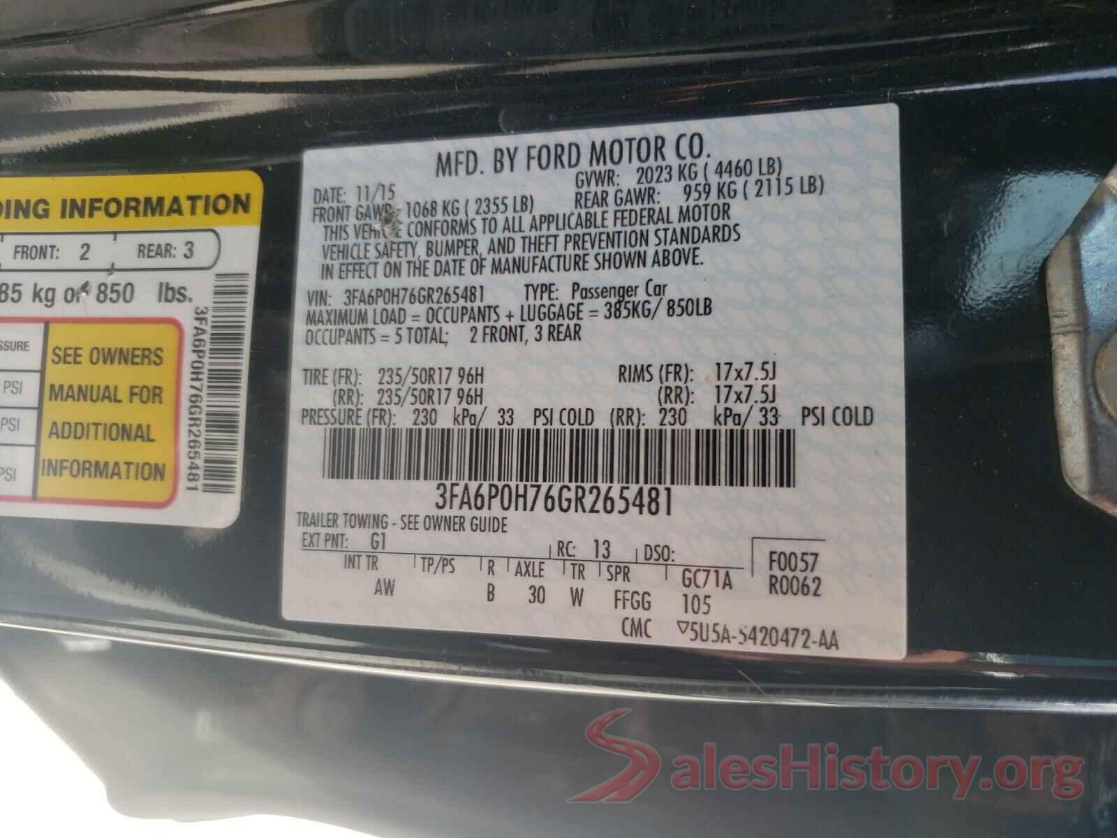 3FA6P0H76GR265481 2016 FORD FUSION