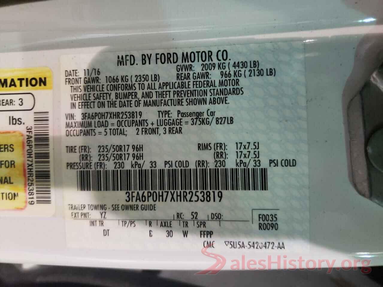 3FA6P0H7XHR253819 2017 FORD FUSION