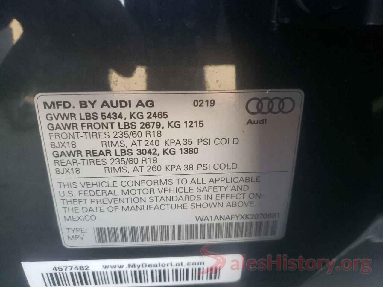 WA1ANAFYXK2070681 2019 AUDI Q5