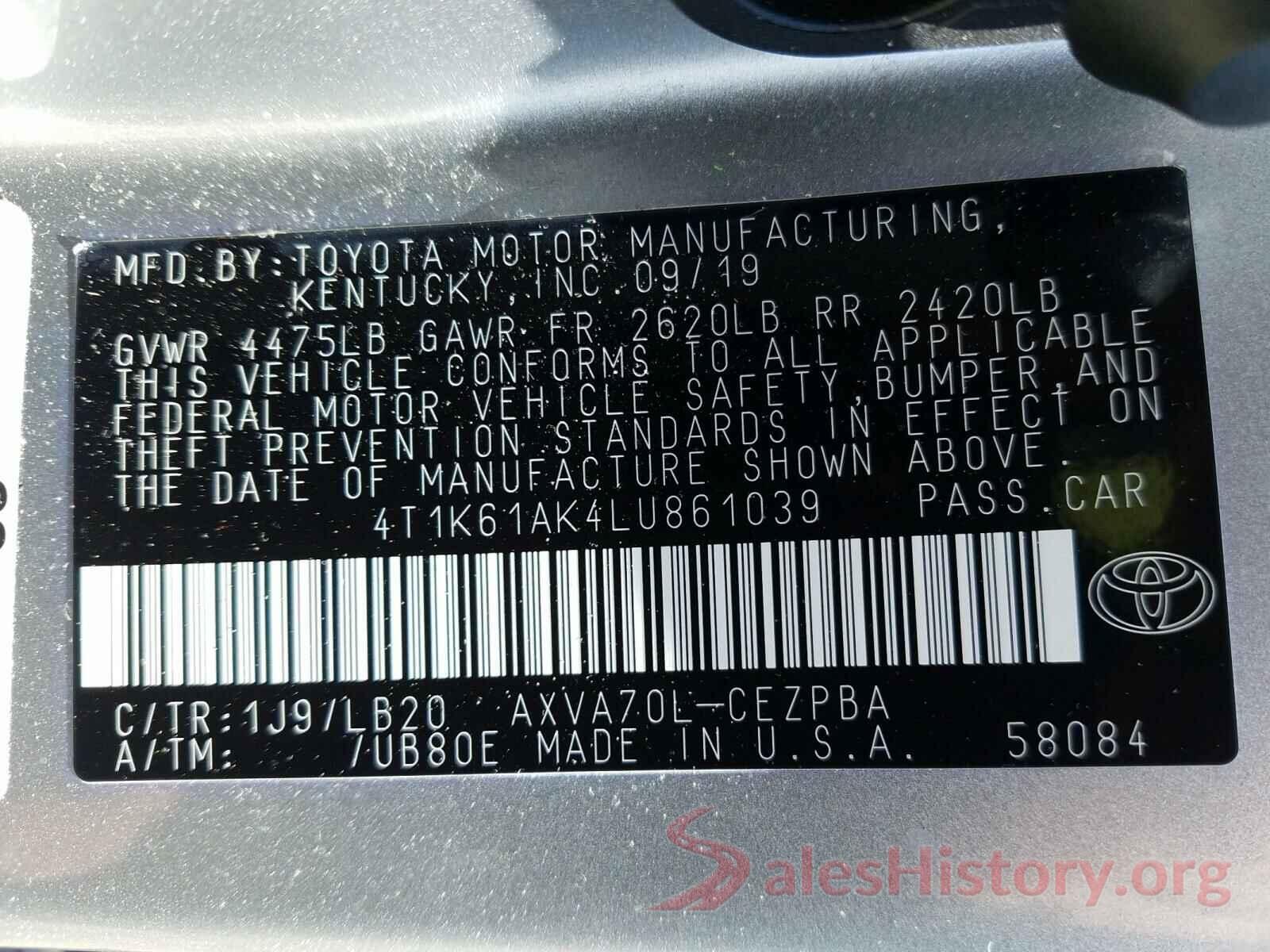 4T1K61AK4LU861039 2020 TOYOTA CAMRY