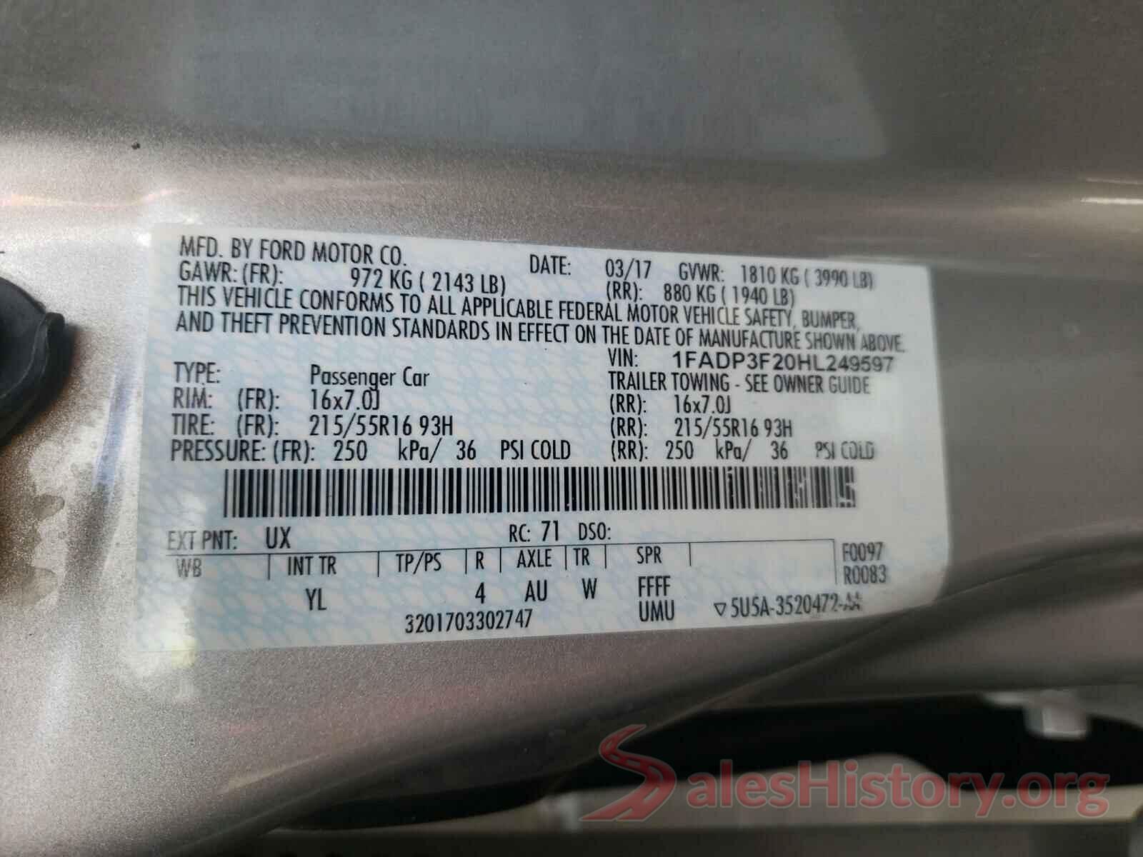 1FADP3F20HL249597 2017 FORD FOCUS