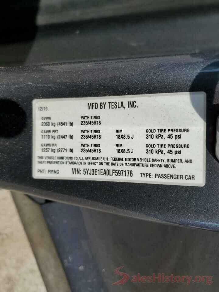 5YJ3E1EA0LF597176 2020 TESLA MODEL 3