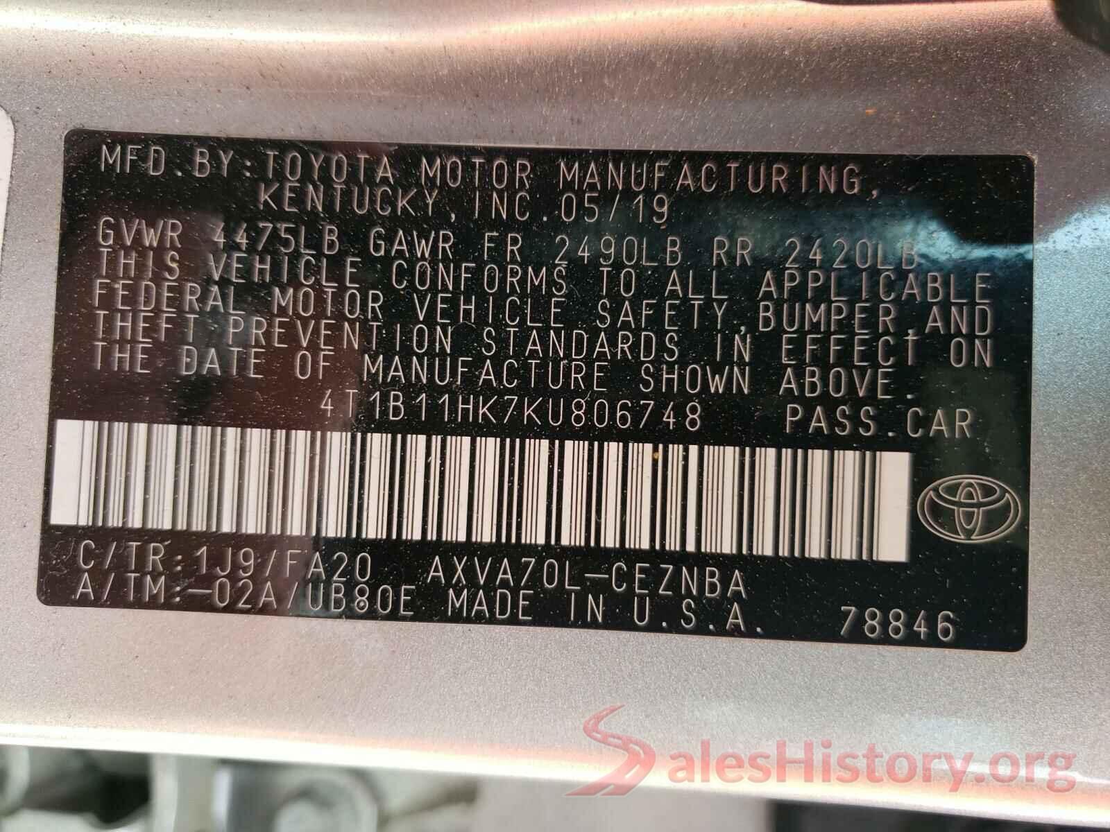 4T1B11HK7KU806748 2019 TOYOTA CAMRY