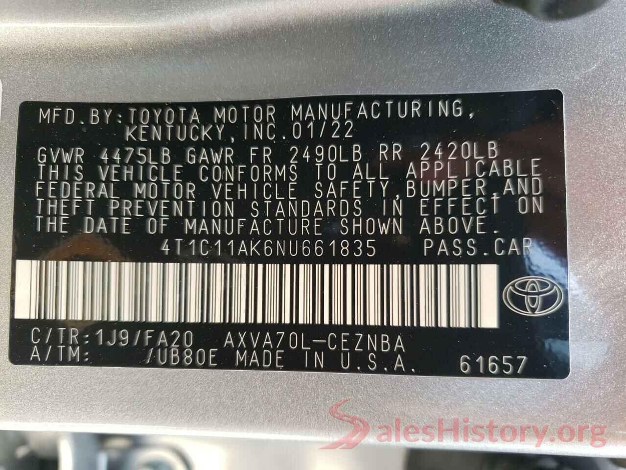 4T1C11AK6NU661835 2022 TOYOTA CAMRY