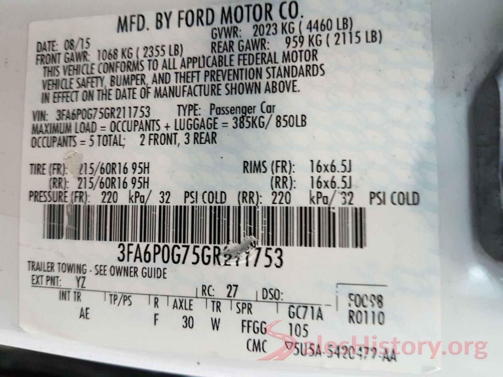 3FA6P0G75GR211753 2016 FORD FUSION