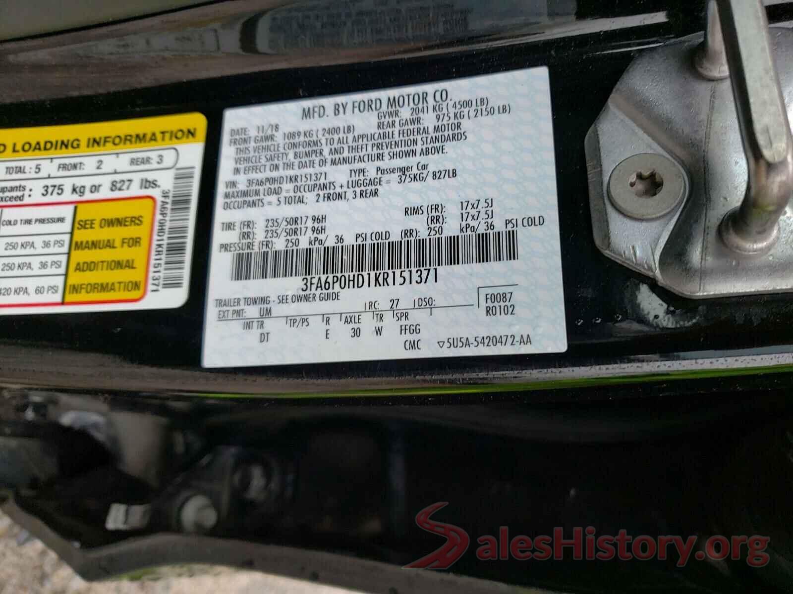 3FA6P0HD1KR151371 2019 FORD FUSION