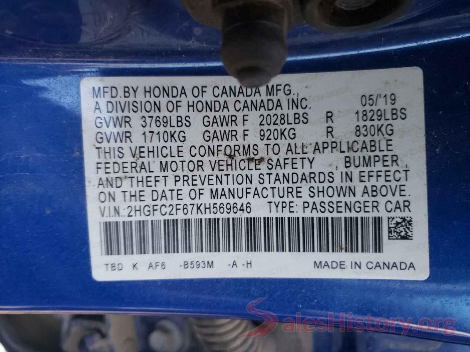 2HGFC2F67KH569646 2019 HONDA CIVIC