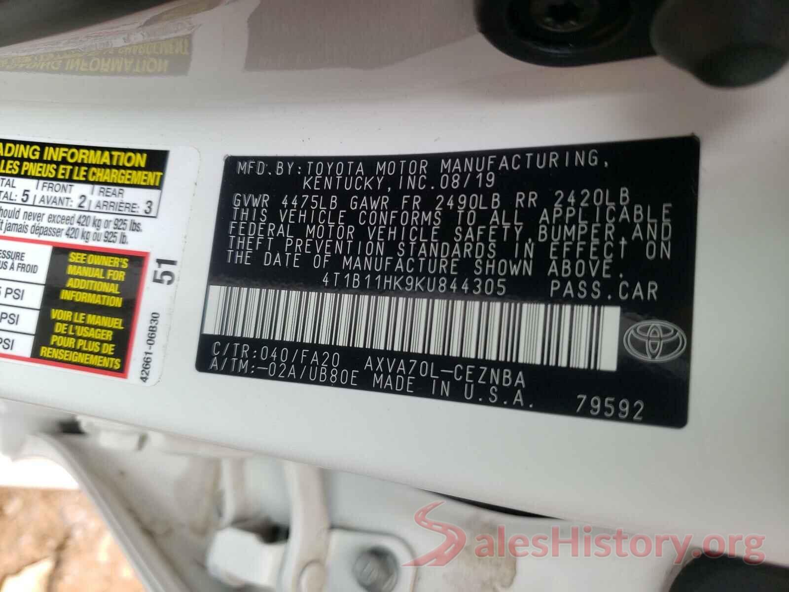 4T1B11HK9KU844305 2019 TOYOTA CAMRY