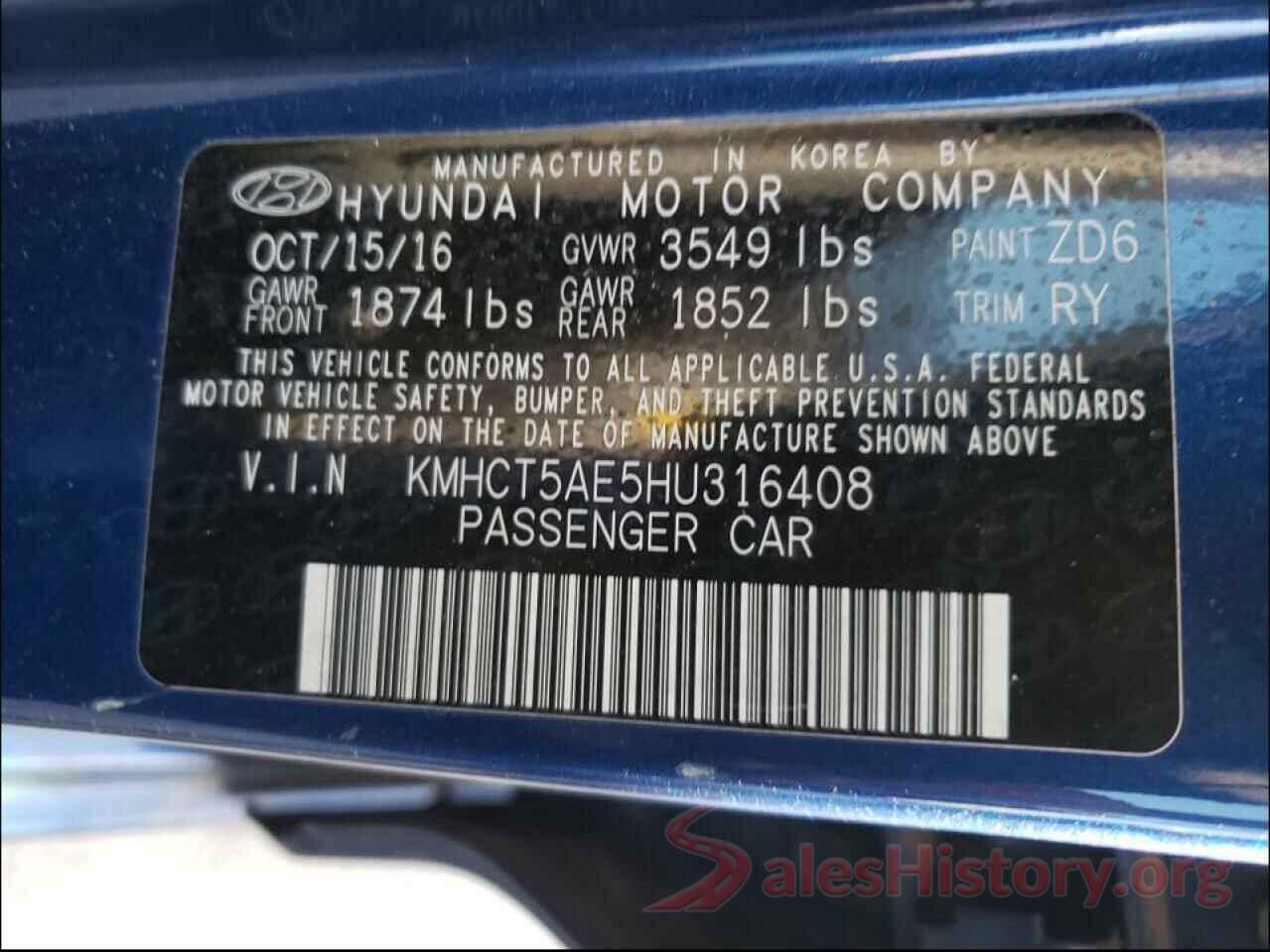 KMHCT5AE5HU316408 2017 HYUNDAI ACCENT