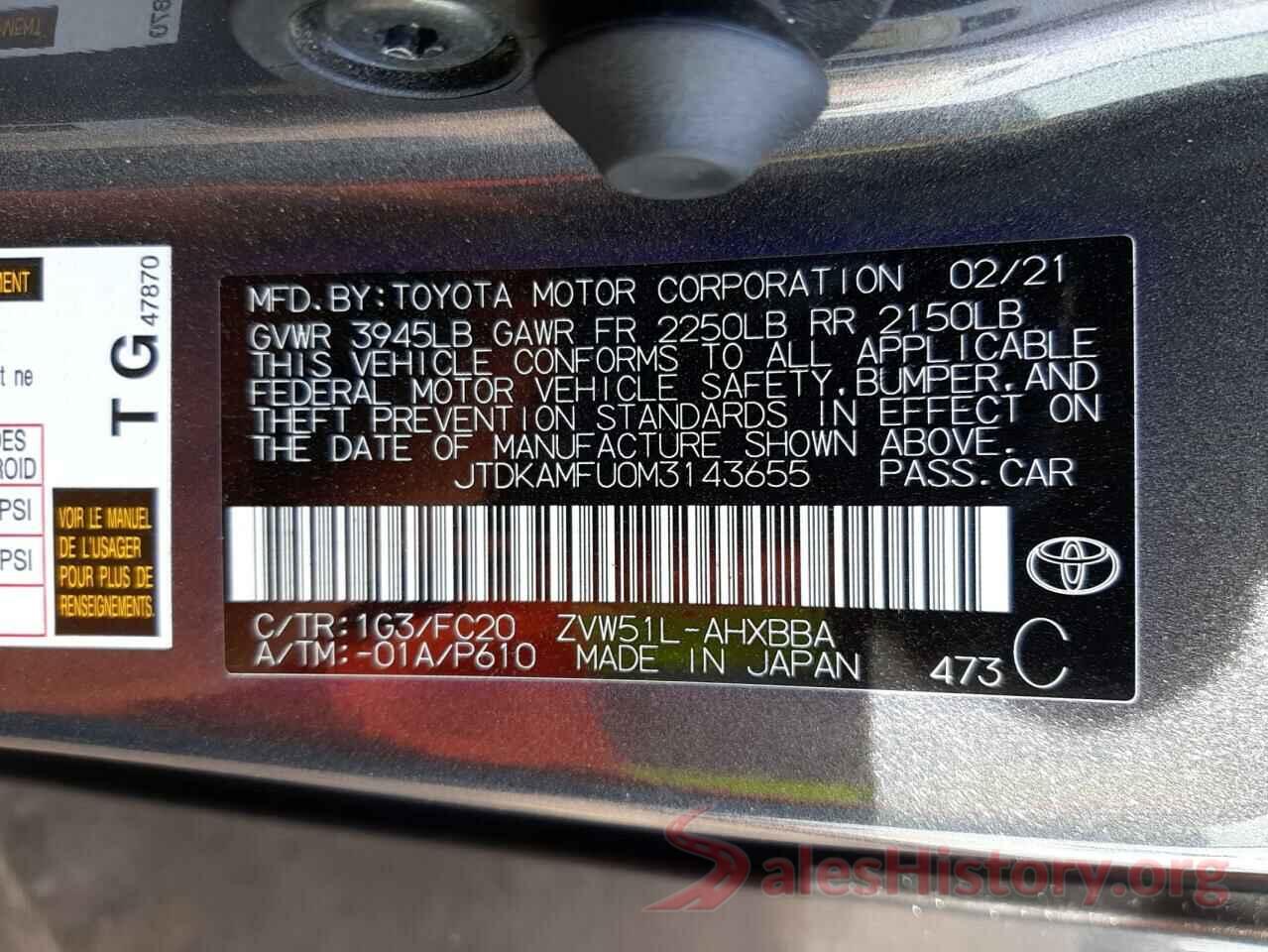 JTDKAMFU0M3143655 2021 TOYOTA PRIUS