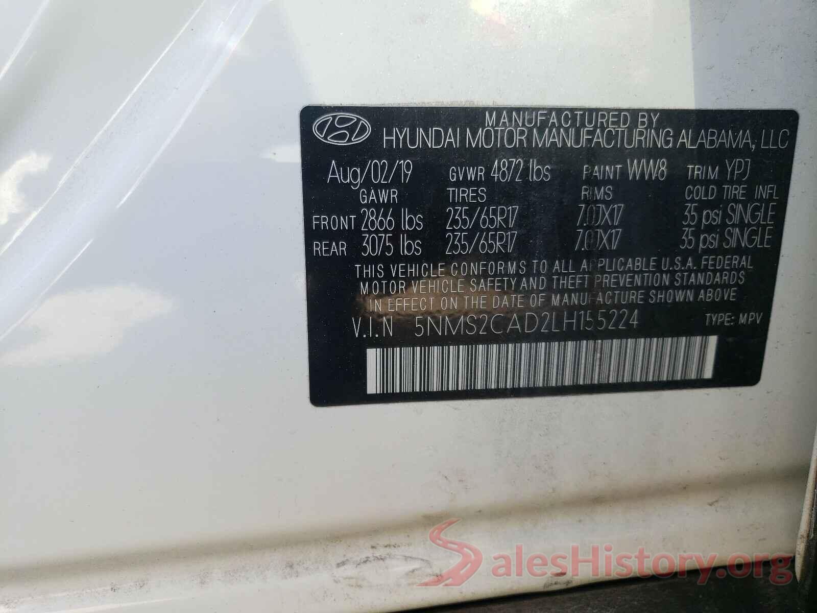 5NMS2CAD2LH155224 2020 HYUNDAI SANTA FE