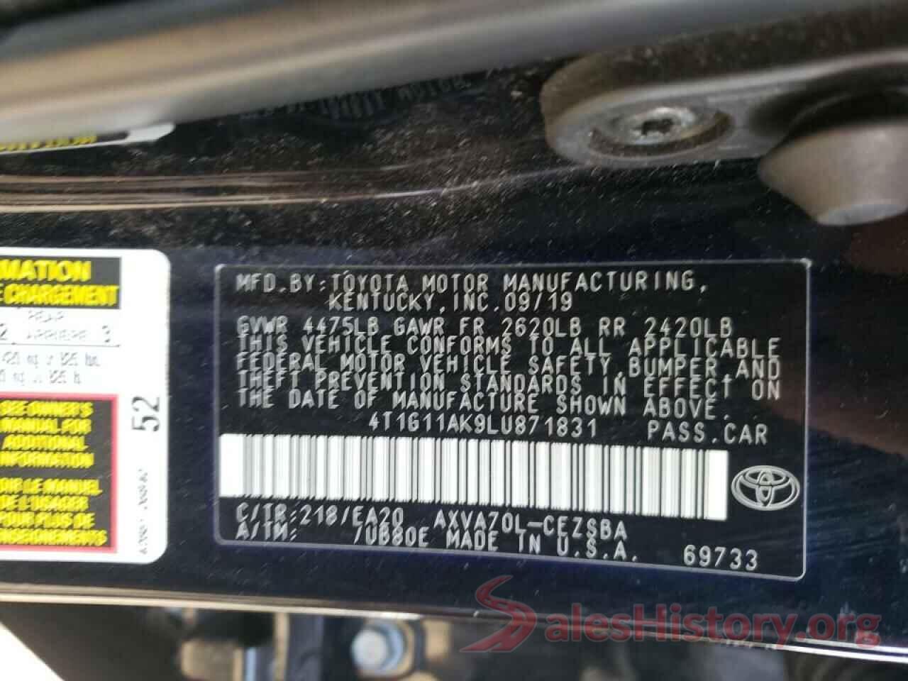 4T1G11AK9LU871831 2020 TOYOTA CAMRY