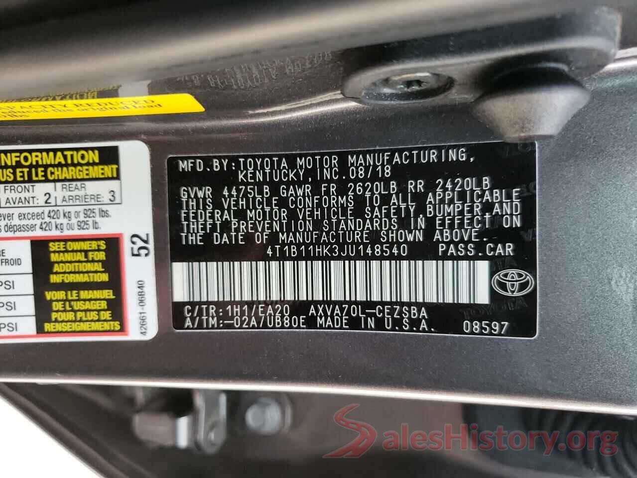 4T1B11HK3JU148540 2018 TOYOTA CAMRY