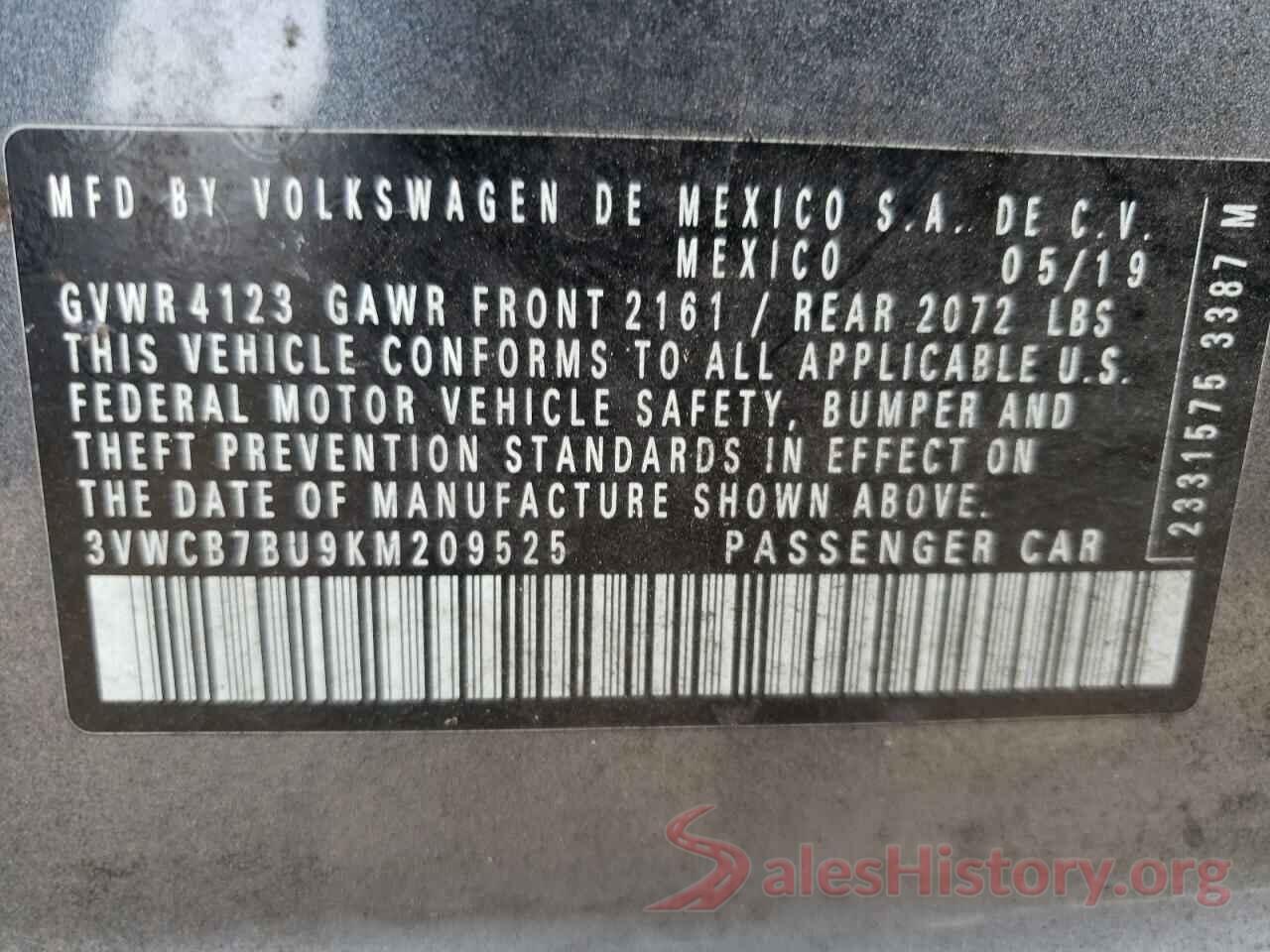 3VWCB7BU9KM209525 2019 VOLKSWAGEN JETTA