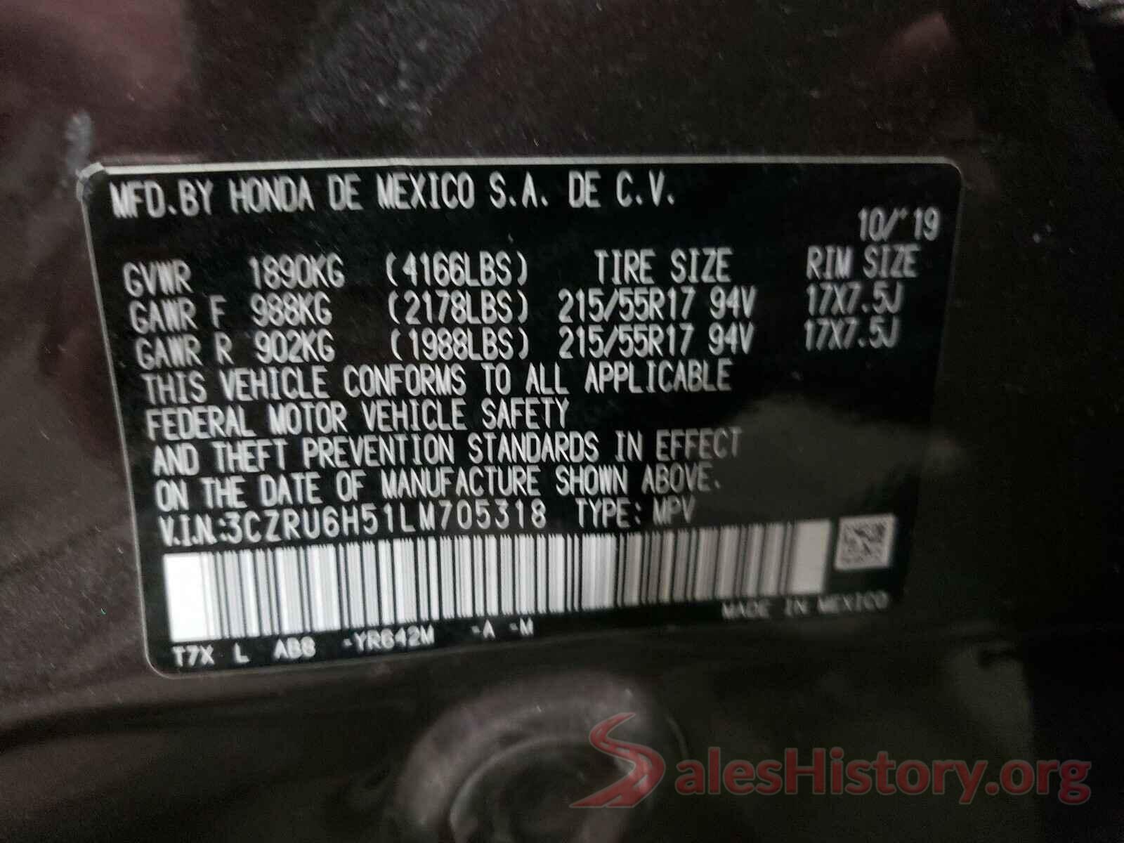 3CZRU6H51LM705318 2020 HONDA HR-V