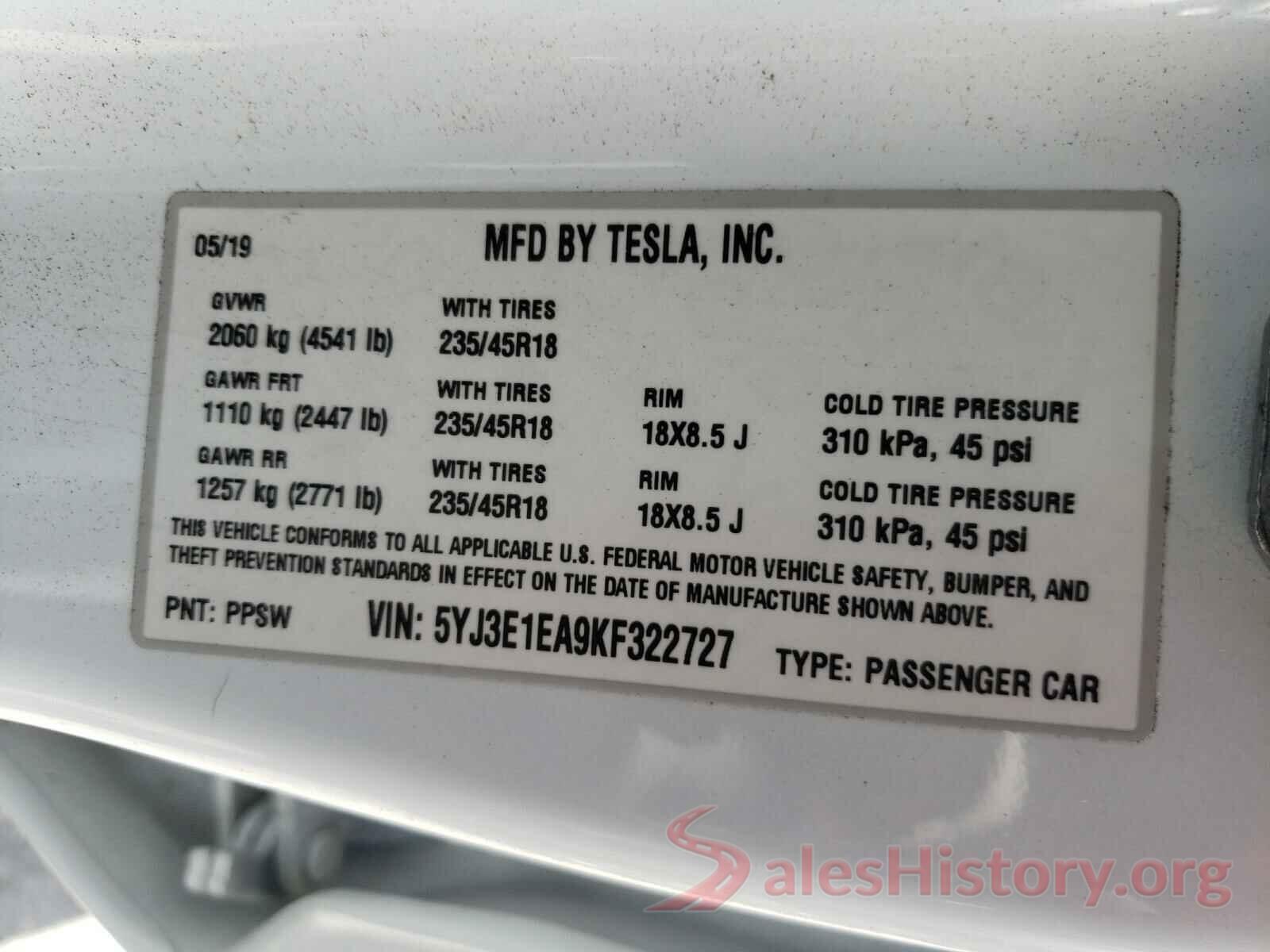 5YJ3E1EA9KF322727 2019 TESLA MODEL 3