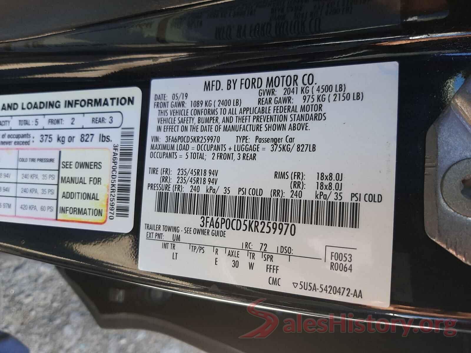 3FA6P0CD5KR259970 2019 FORD FUSION