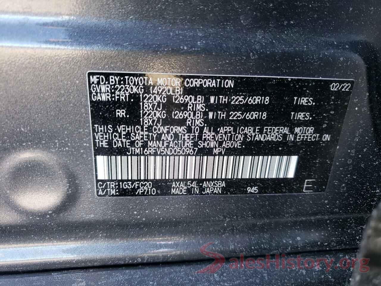 JTM16RFV5ND050967 2022 TOYOTA RAV4