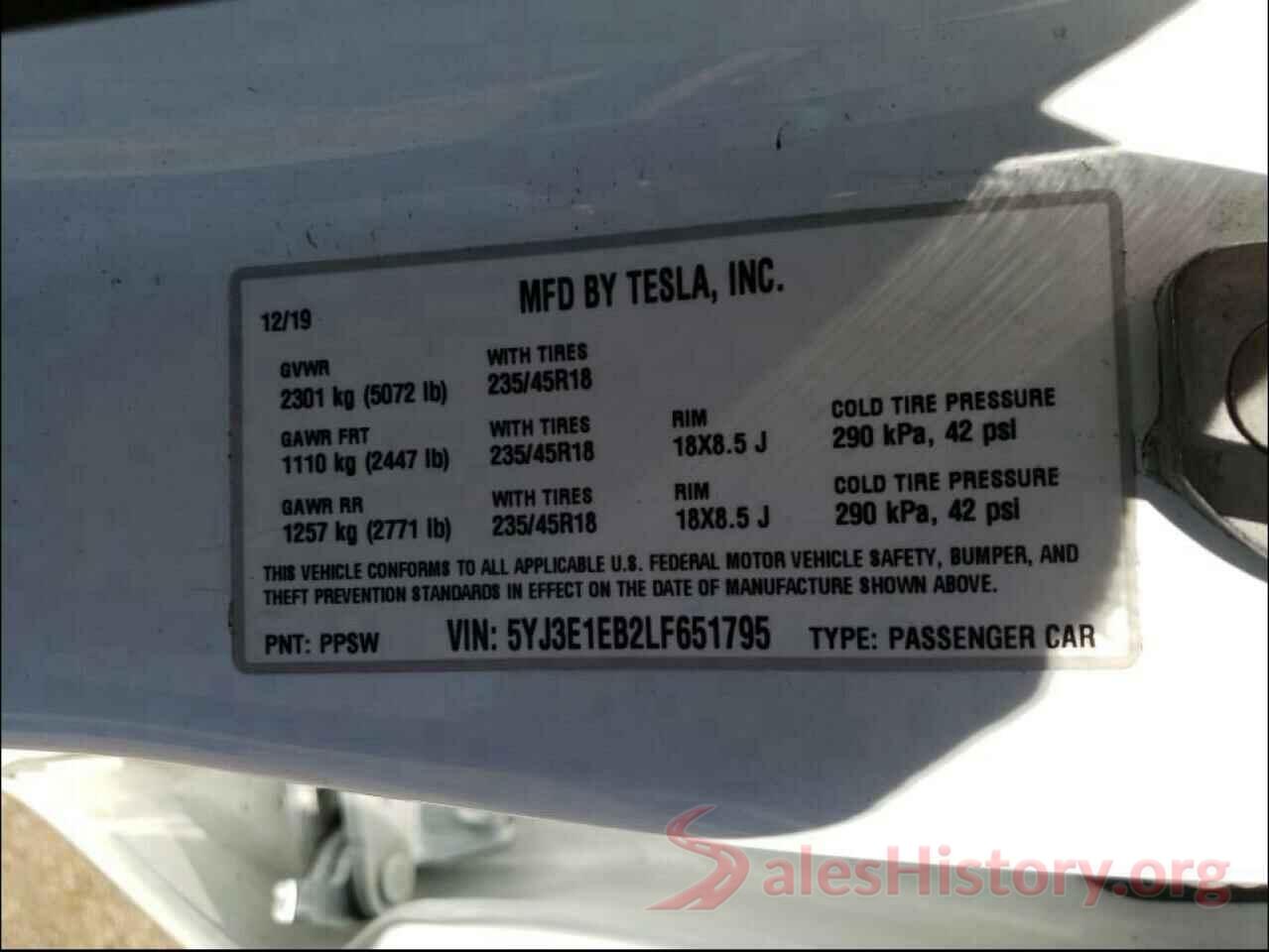 5YJ3E1EB2LF651795 2020 TESLA MODEL 3