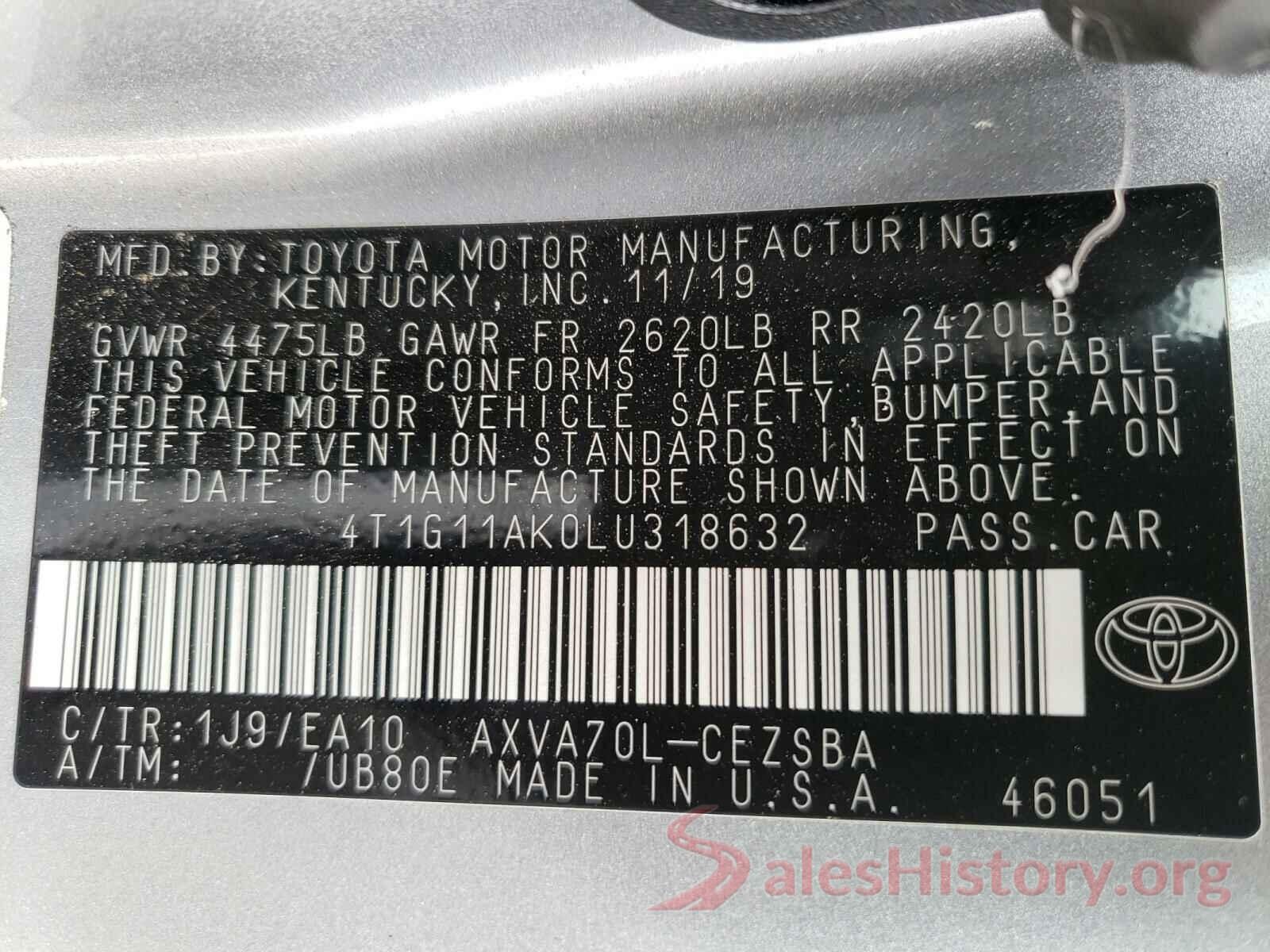 4T1G11AK0LU318632 2020 TOYOTA CAMRY