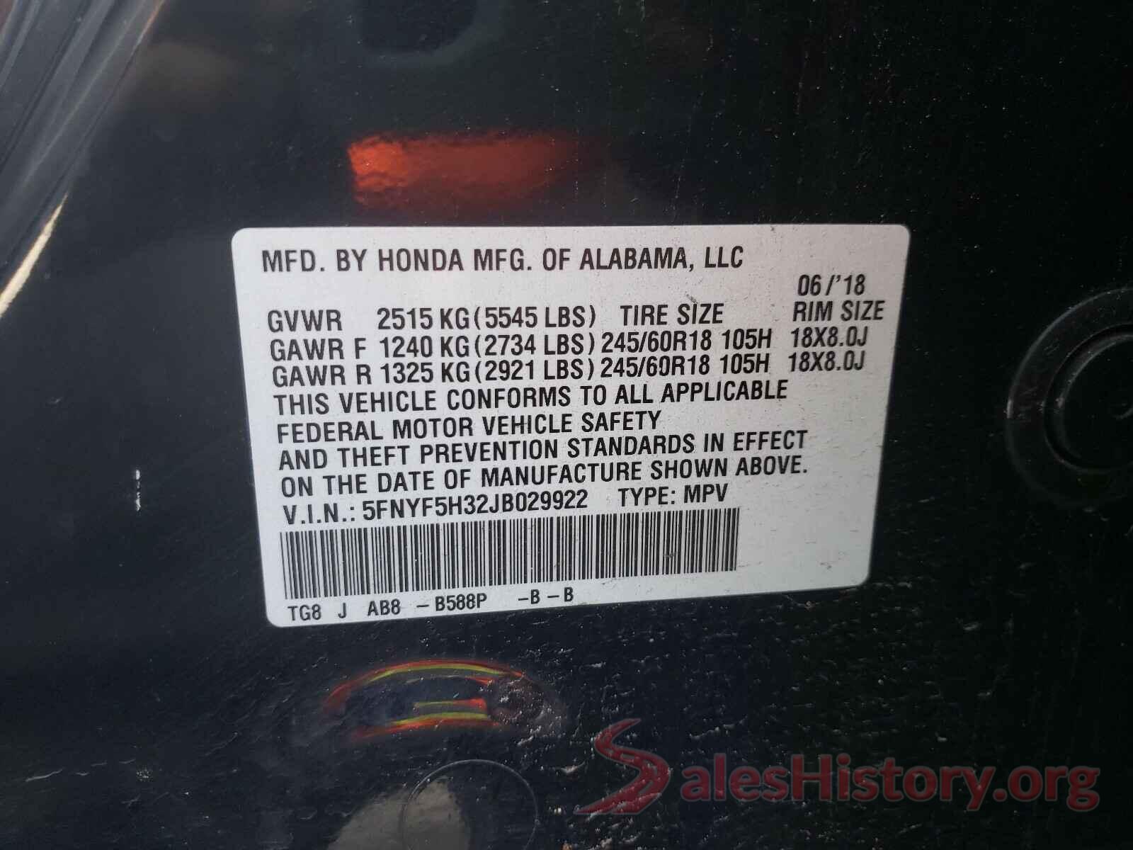 5FNYF5H32JB029922 2018 HONDA PILOT