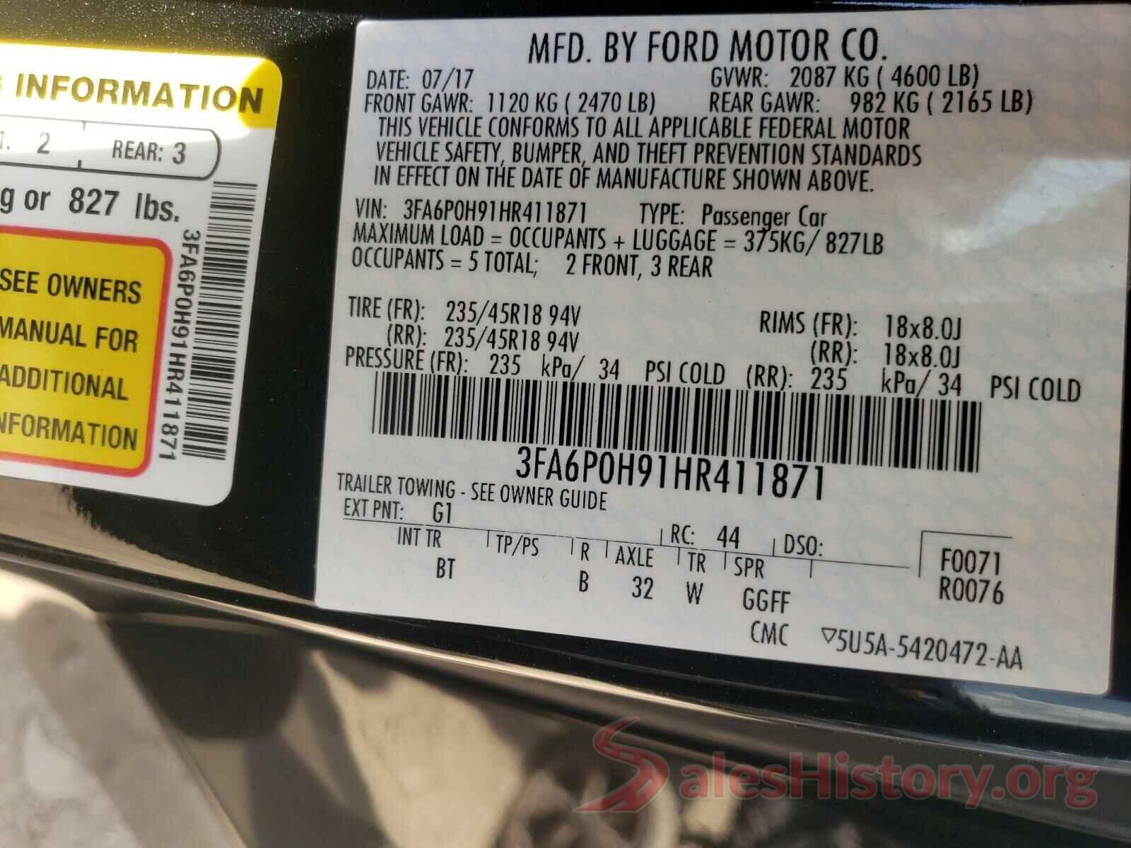 3FA6P0H91HR411871 2017 FORD FUSION