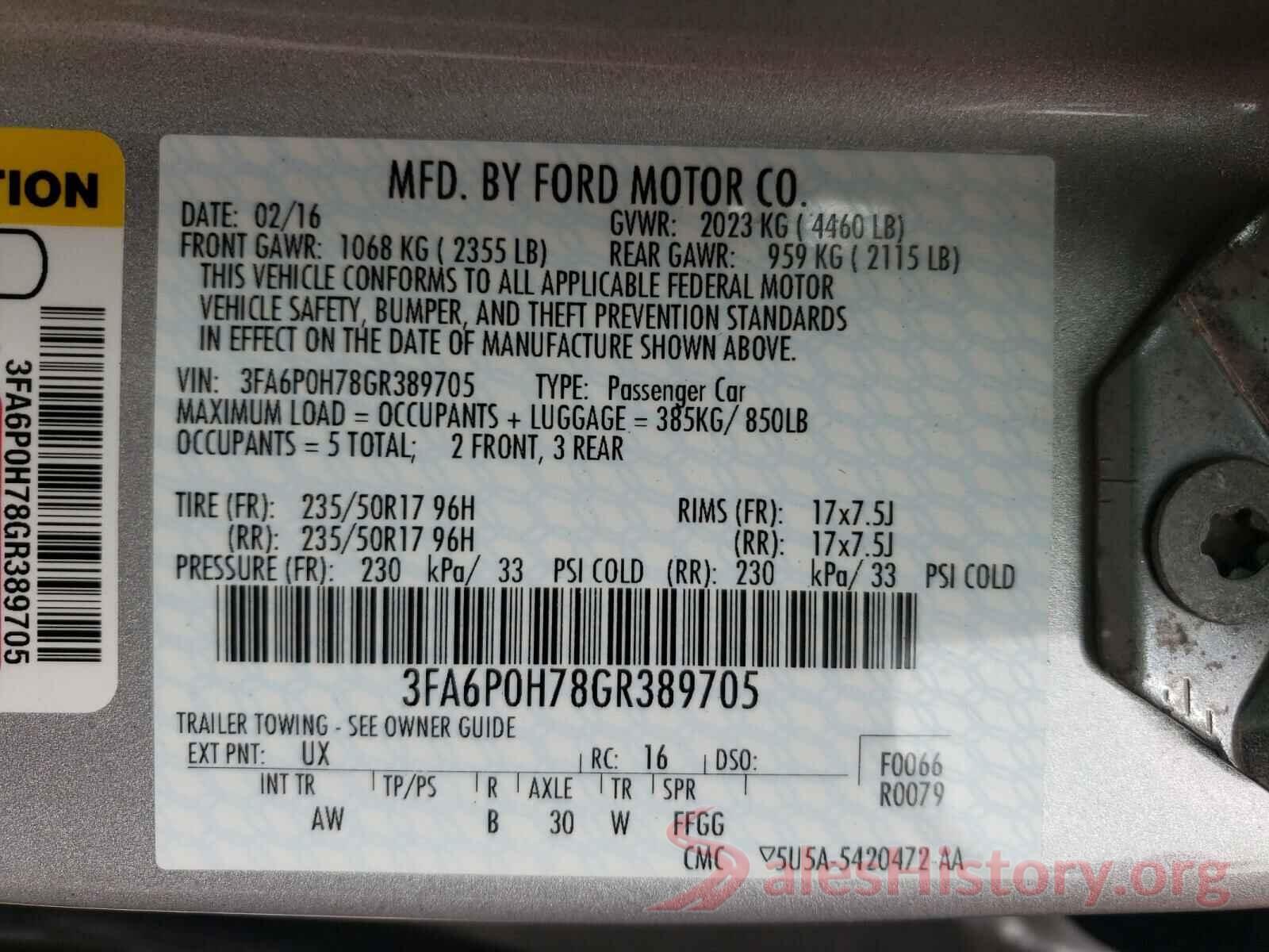 3FA6P0H78GR389705 2016 FORD FUSION