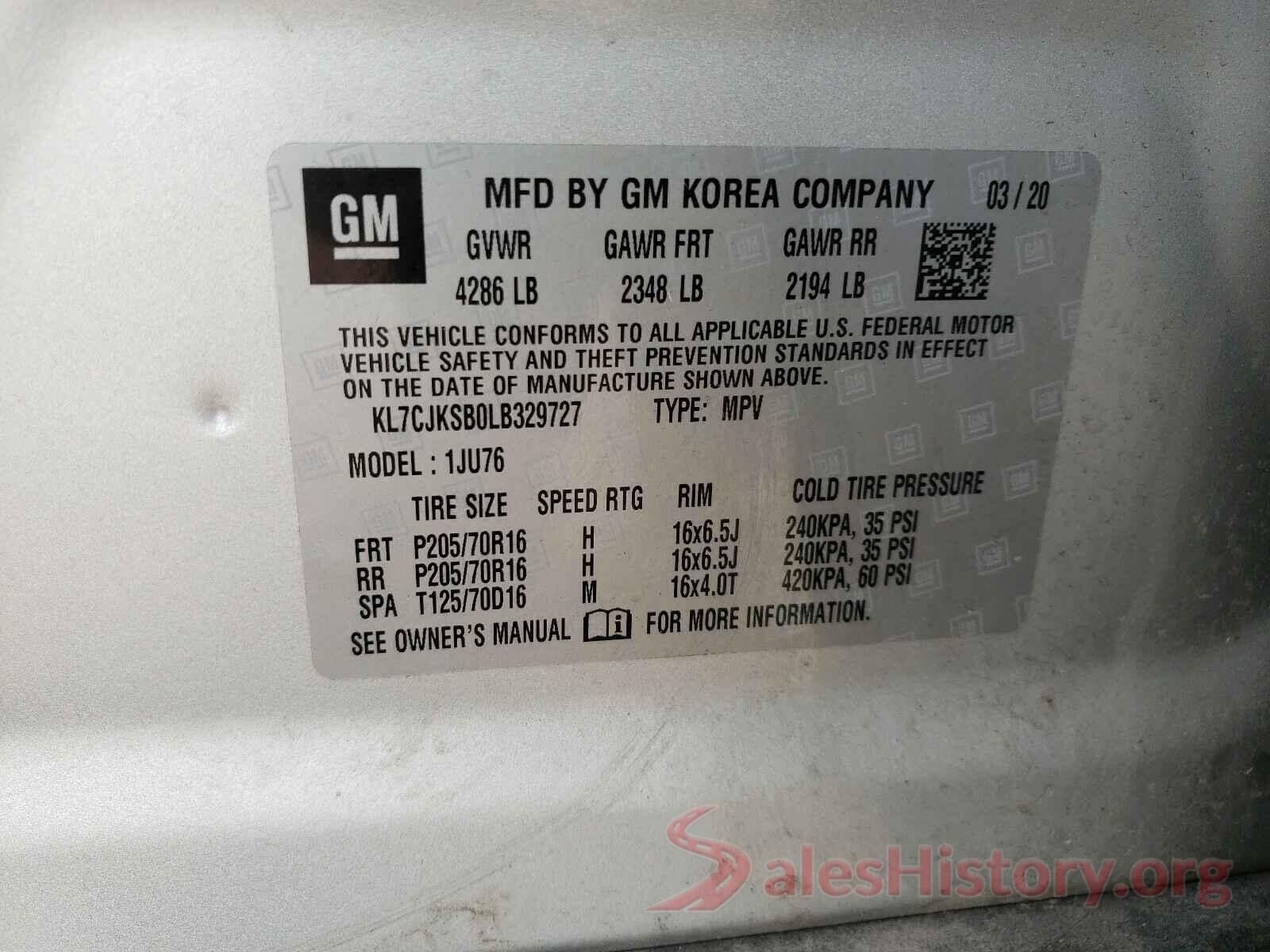 KL7CJKSB0LB329727 2020 CHEVROLET TRAX