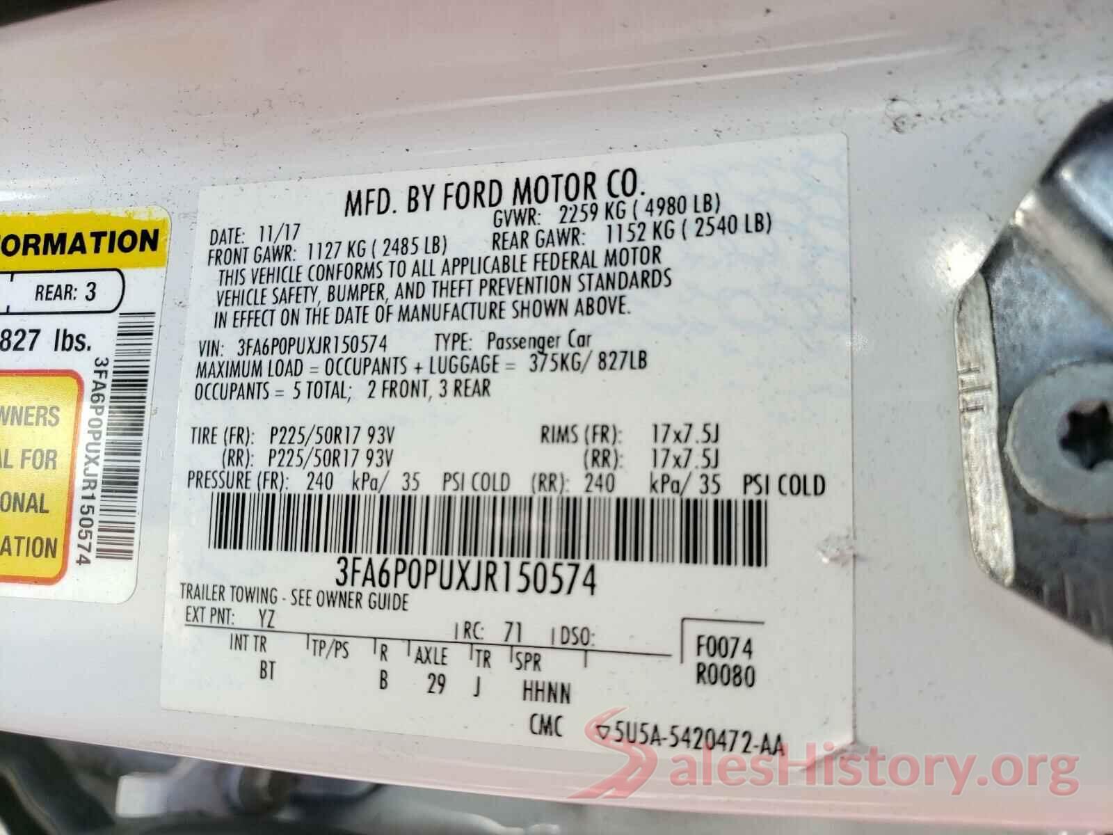 3FA6P0PUXJR150574 2018 FORD FUSION