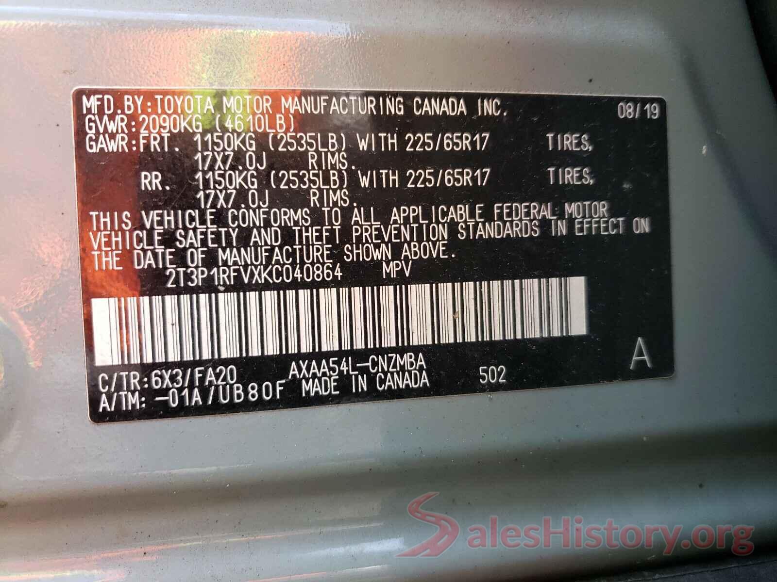 2T3P1RFVXKC040864 2019 TOYOTA RAV4