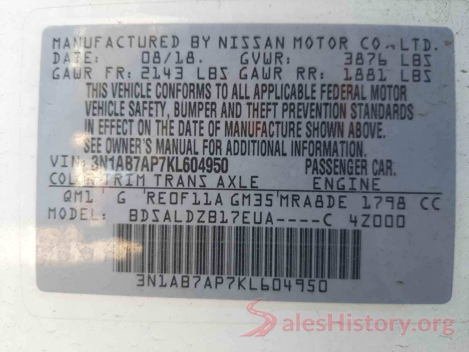 3N1AB7AP7KL604950 2019 NISSAN SENTRA