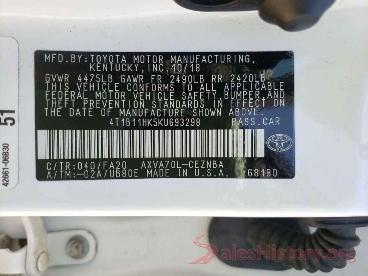 4T1B11HK5KU693298 2019 TOYOTA CAMRY