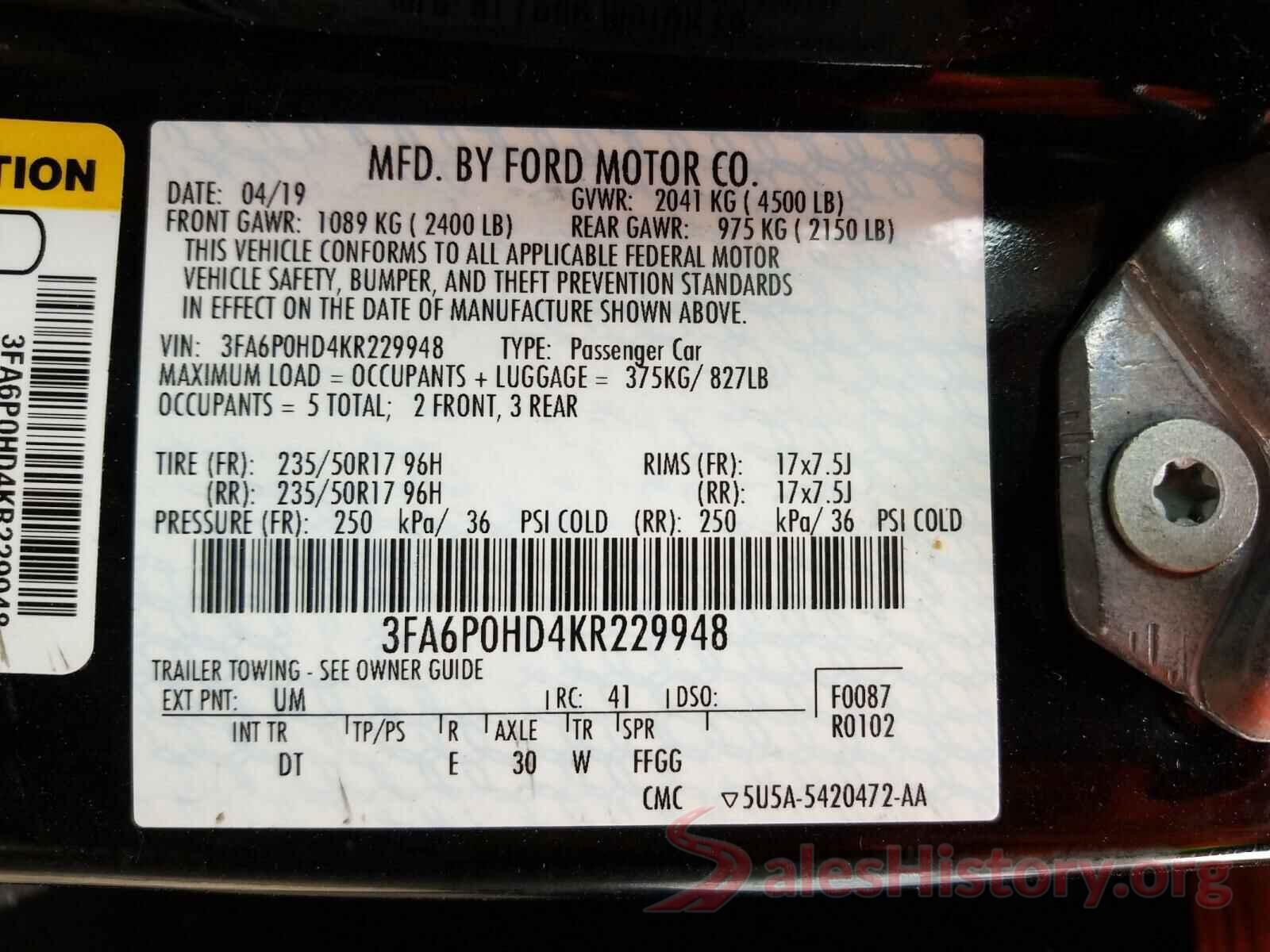 3FA6P0HD4KR229948 2019 FORD FUSION