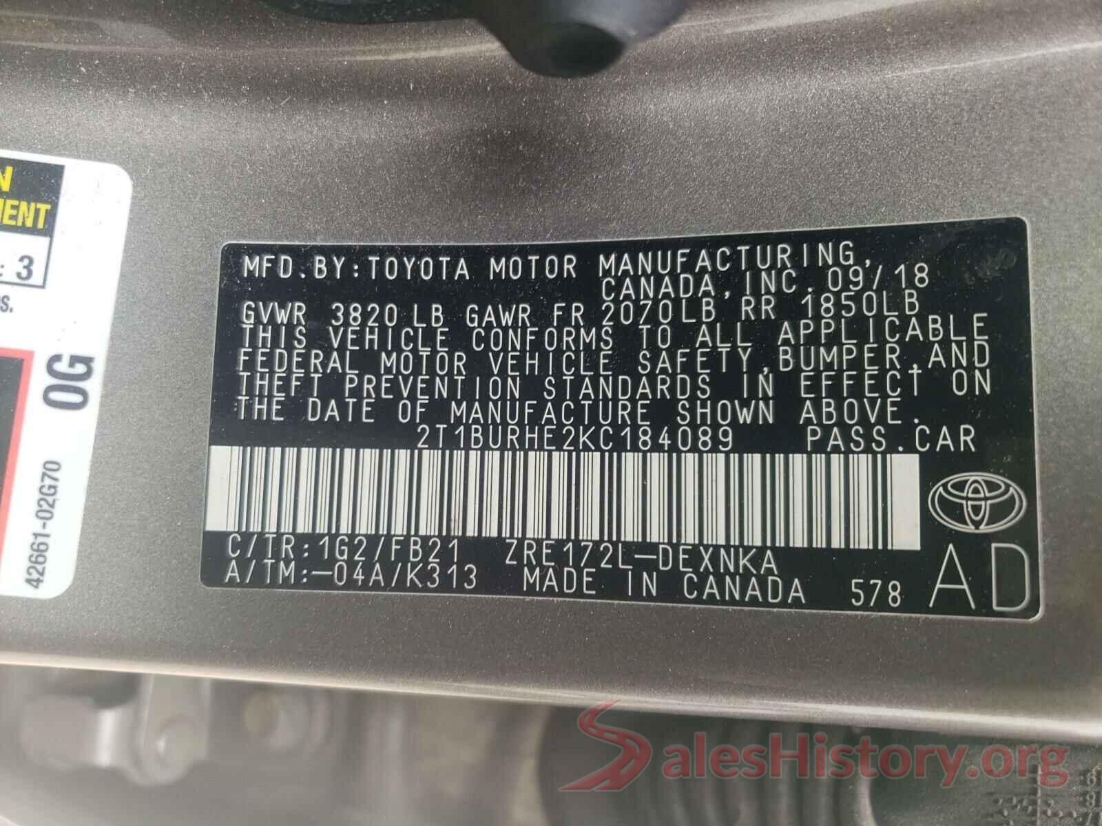 2T1BURHE2KC184089 2019 TOYOTA COROLLA