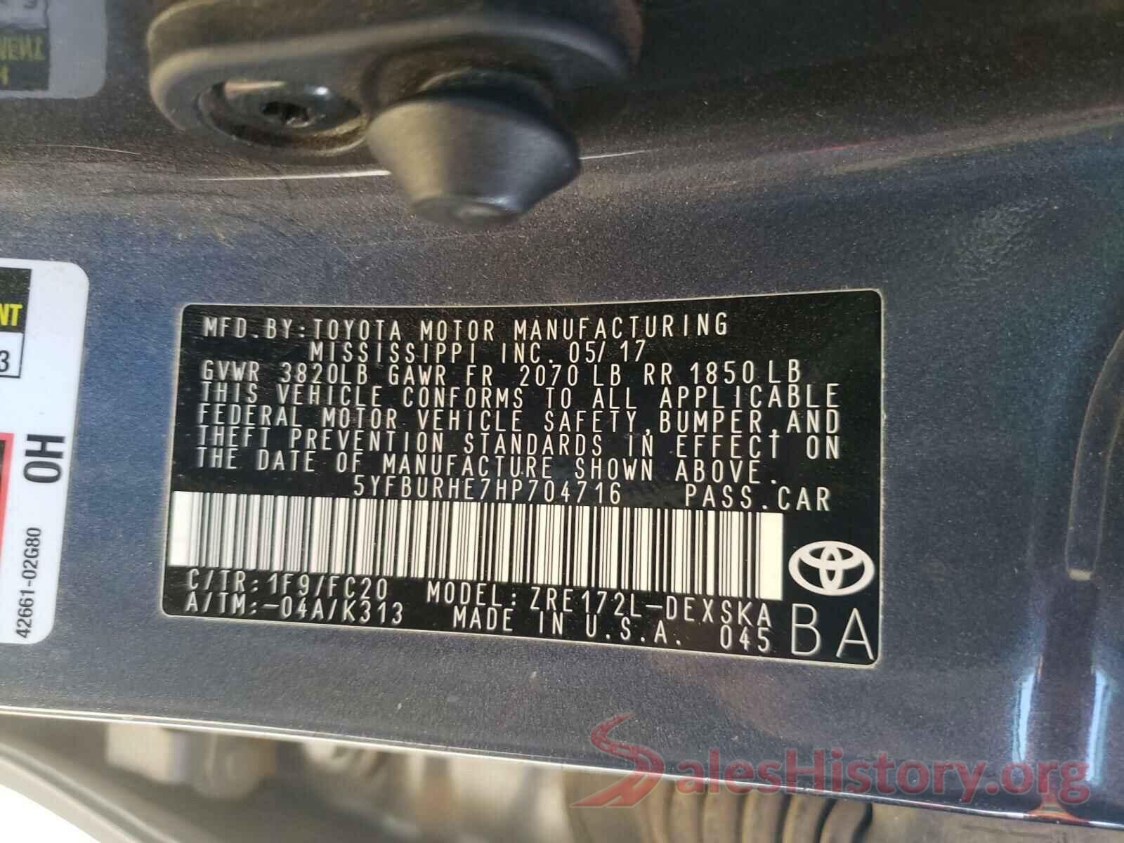 5YFBURHE7HP704716 2017 TOYOTA COROLLA