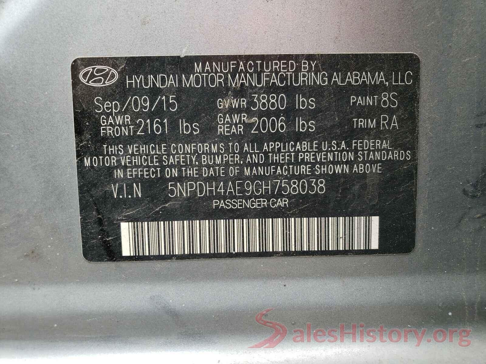 5NPDH4AE9GH758038 2016 HYUNDAI ELANTRA